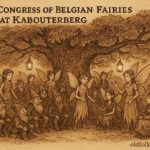 Parchment-style illustration of Belgian fairies meeting at Kabouterberg hill under an oak tree, Belgian folktale scene.