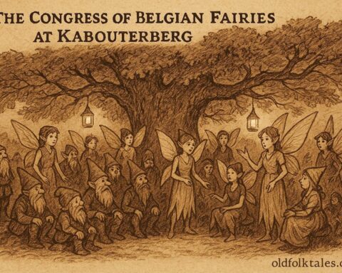 Parchment-style illustration of Belgian fairies meeting at Kabouterberg hill under an oak tree, Belgian folktale scene.