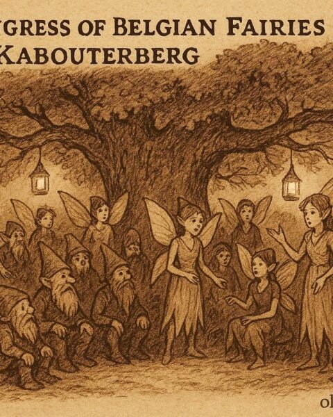 Parchment-style illustration of Belgian fairies meeting at Kabouterberg hill under an oak tree, Belgian folktale scene.