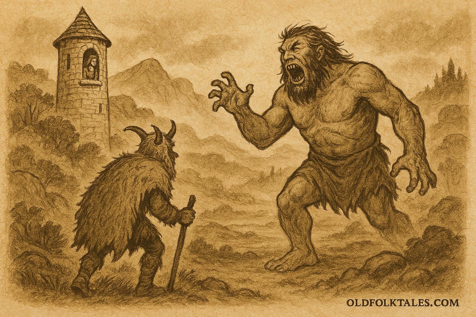 Parchment-style illustration of Gilla in goat-skin battling a giant in an Irish folktale scene.