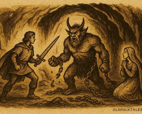 An art of Baš-Čelik breaking chains before the prince and princess, Bosnian folktale scene.