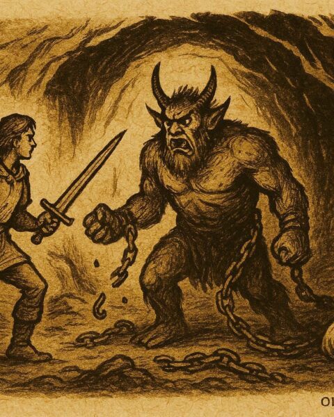 An art of Baš-Čelik breaking chains before the prince and princess, Bosnian folktale scene.