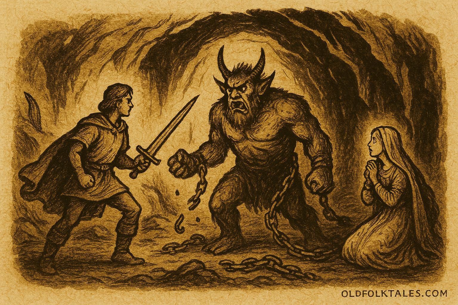 An art of Baš-Čelik breaking chains before the prince and princess, Bosnian folktale scene.