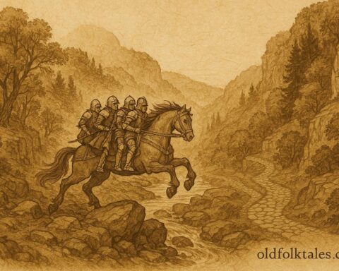 An illustration of Bayard, the magical horse carrying four knights across cliffs in the Ardennes, Belgian folklore scene.