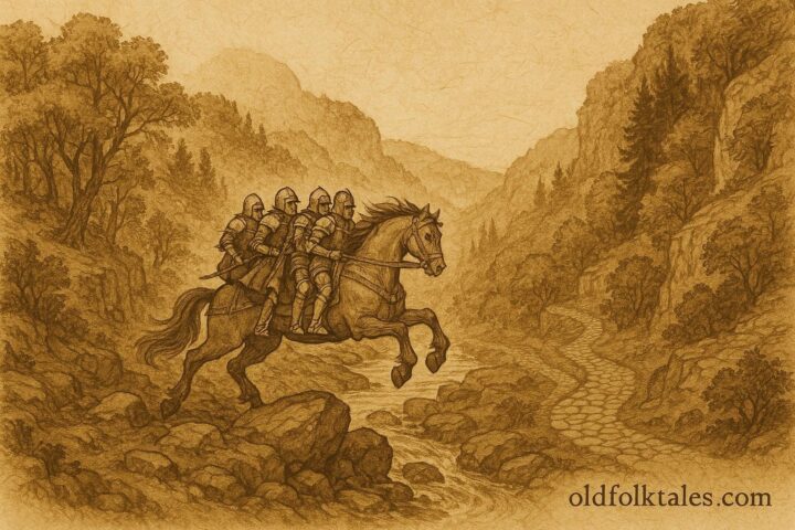 An illustration of Bayard, the magical horse carrying four knights across cliffs in the Ardennes, Belgian folklore scene.