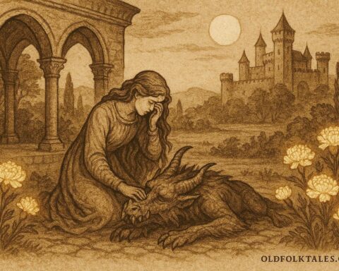 Parchment-style artwork of Bellindia crying beside the Monster in an Italian folktale garden.