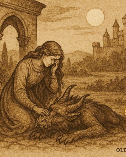 Parchment-style artwork of Bellindia crying beside the Monster in an Italian folktale garden.