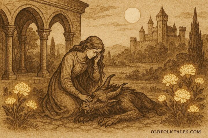 Parchment-style artwork of Bellindia crying beside the Monster in an Italian folktale garden.