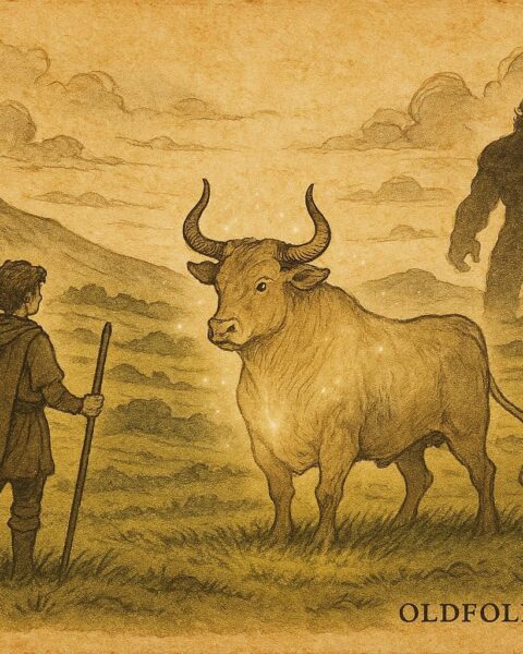 Parchment-style artwork of Billy Beg and his magical bull in an Irish folktale scene.