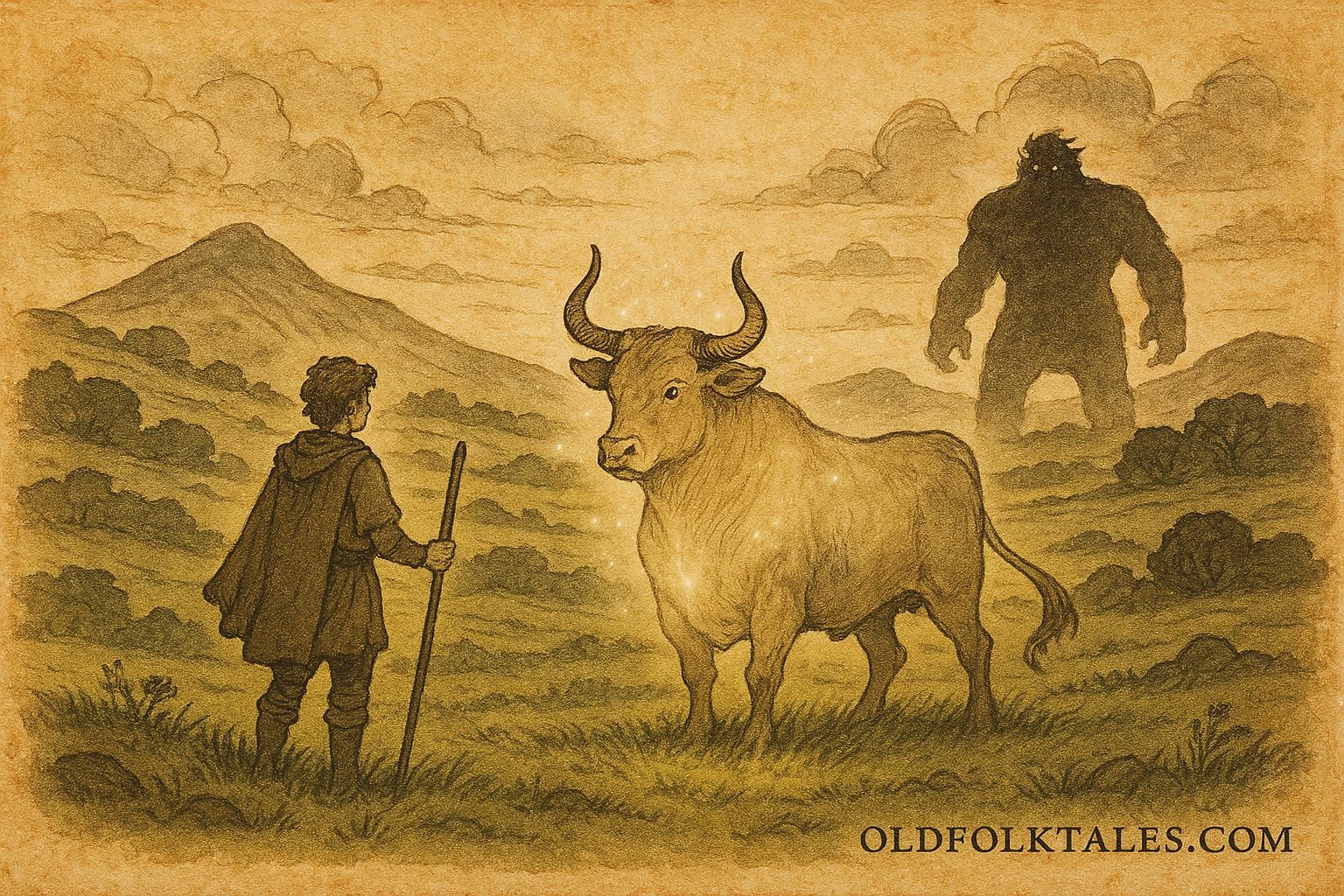 Parchment-style artwork of Billy Beg and his magical bull in an Irish folktale scene.