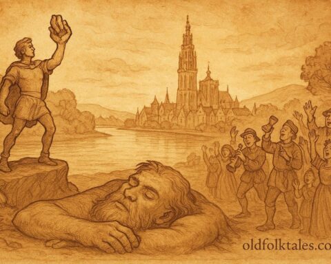 An artwork of Brabo standing victorious by the River Scheldt, Dutch folktale scene.