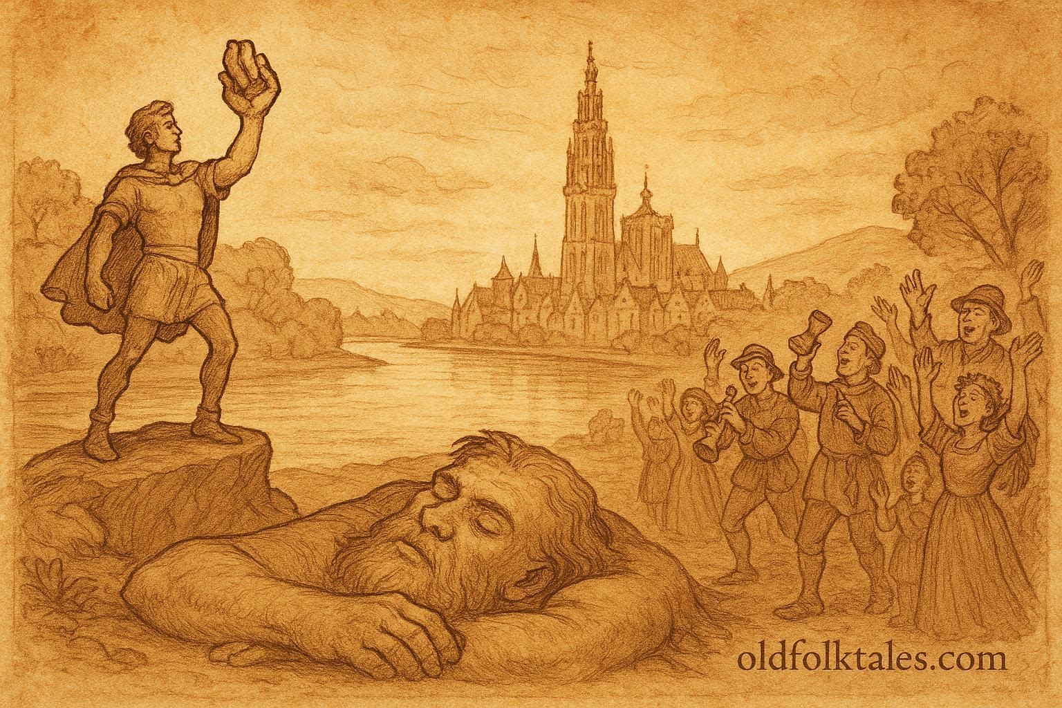 An artwork of Brabo standing victorious by the River Scheldt, Dutch folktale scene.
