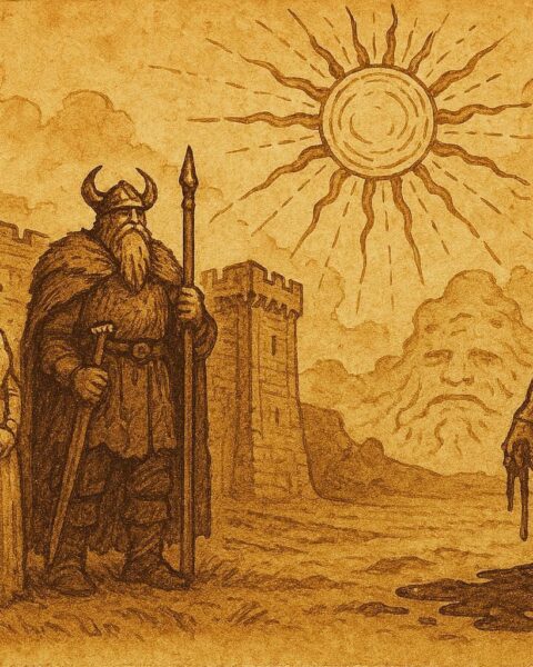 An illustration of Bride Bridekins and Oleg beneath blazing Sun aiding them, Croatian folktale scene.