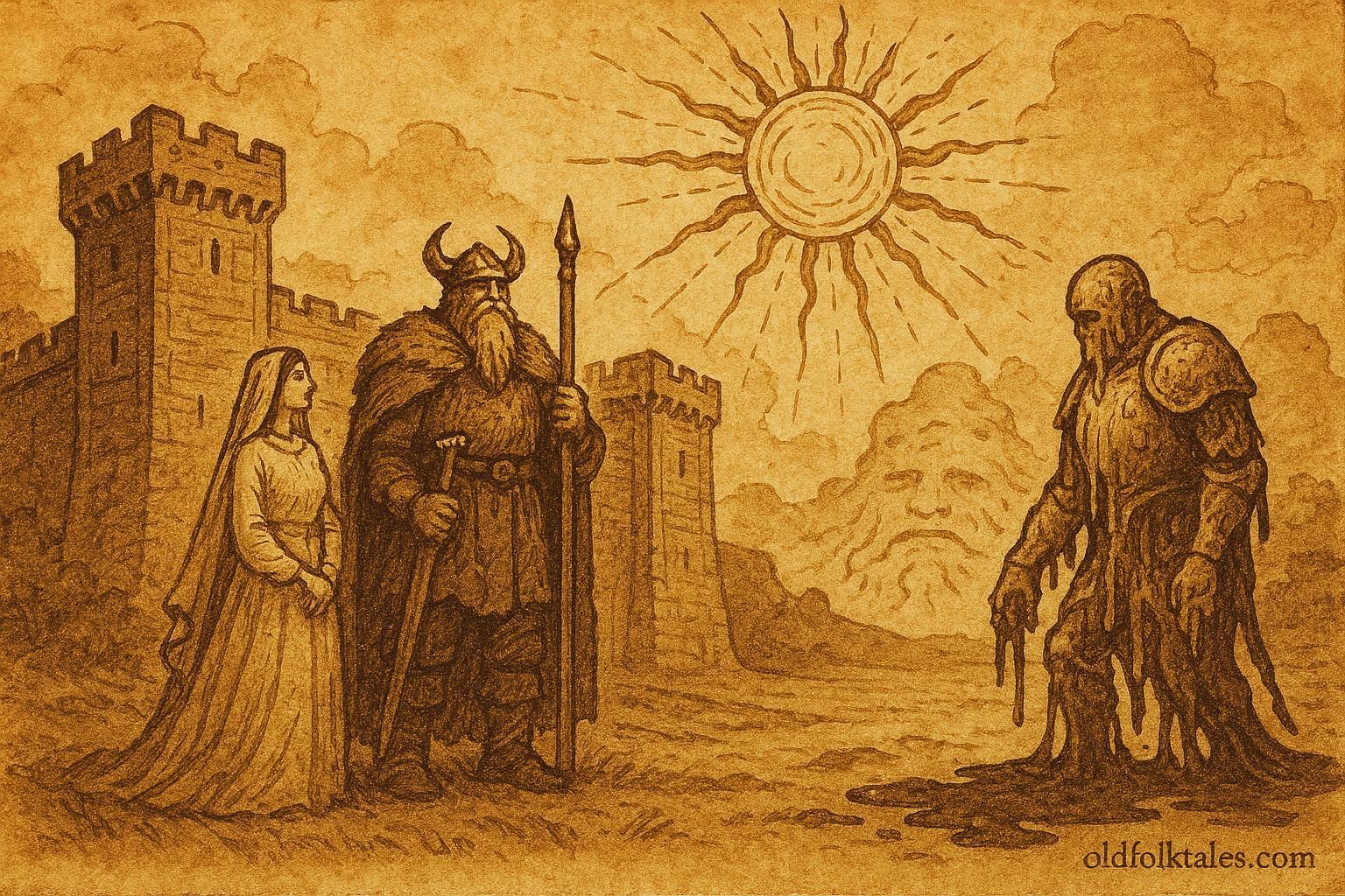 An illustration of Bride Bridekins and Oleg beneath blazing Sun aiding them, Croatian folktale scene.
