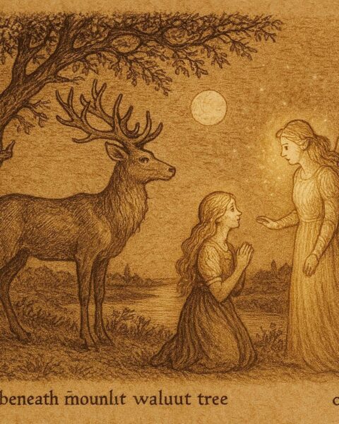An artwork of Cecchina meeting a fairy and stag under moonlight, Venetian Italian folktale scene.