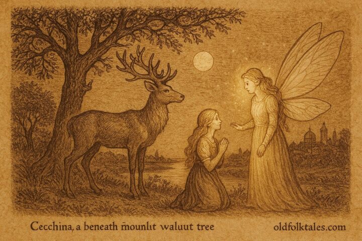 An artwork of Cecchina meeting a fairy and stag under moonlight, Venetian Italian folktale scene.