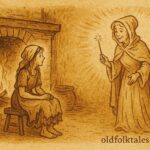 Parchment-style illustration of Cinderella with her fairy godmother, French folktale scene.
