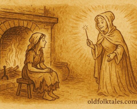 Parchment-style illustration of Cinderella with her fairy godmother, French folktale scene.