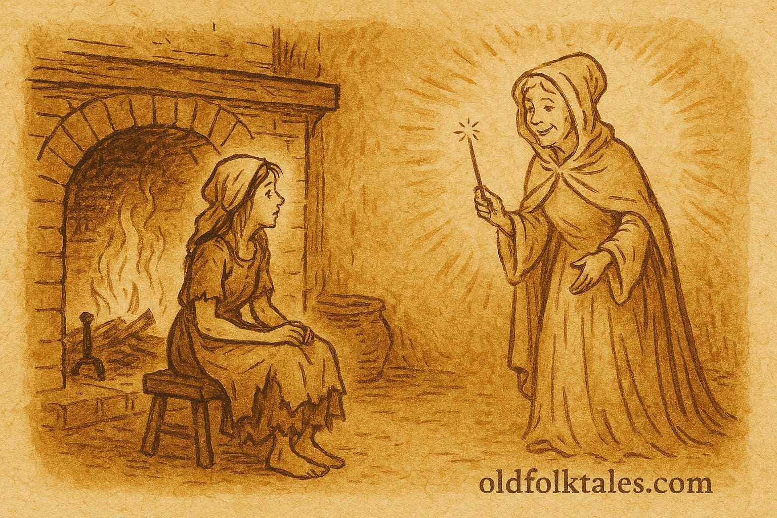 Parchment-style illustration of Cinderella with her fairy godmother, French folktale scene.