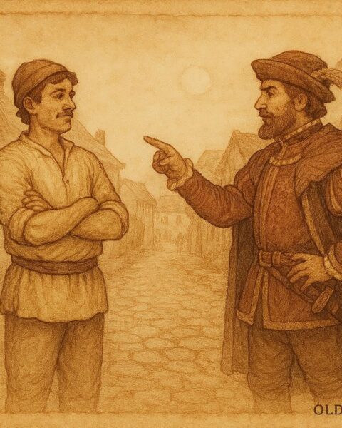 Parchment-style artwork of Cunning Peter outwitting a rich man in a Bulgarian village scene.