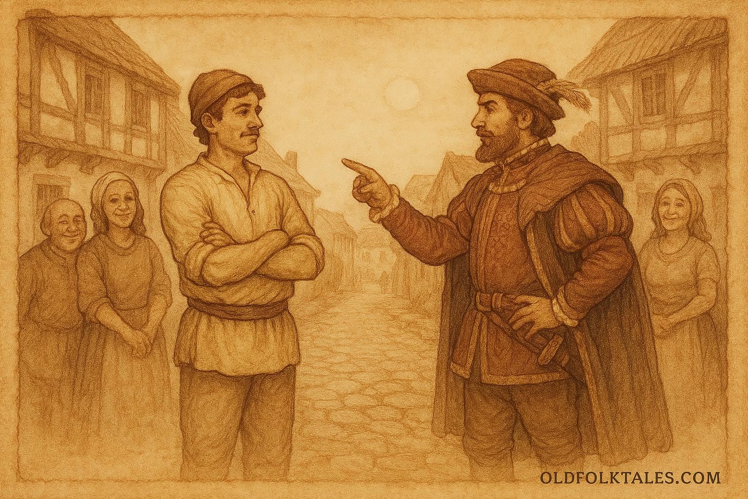 Parchment-style artwork of Cunning Peter outwitting a rich man in a Bulgarian village scene.