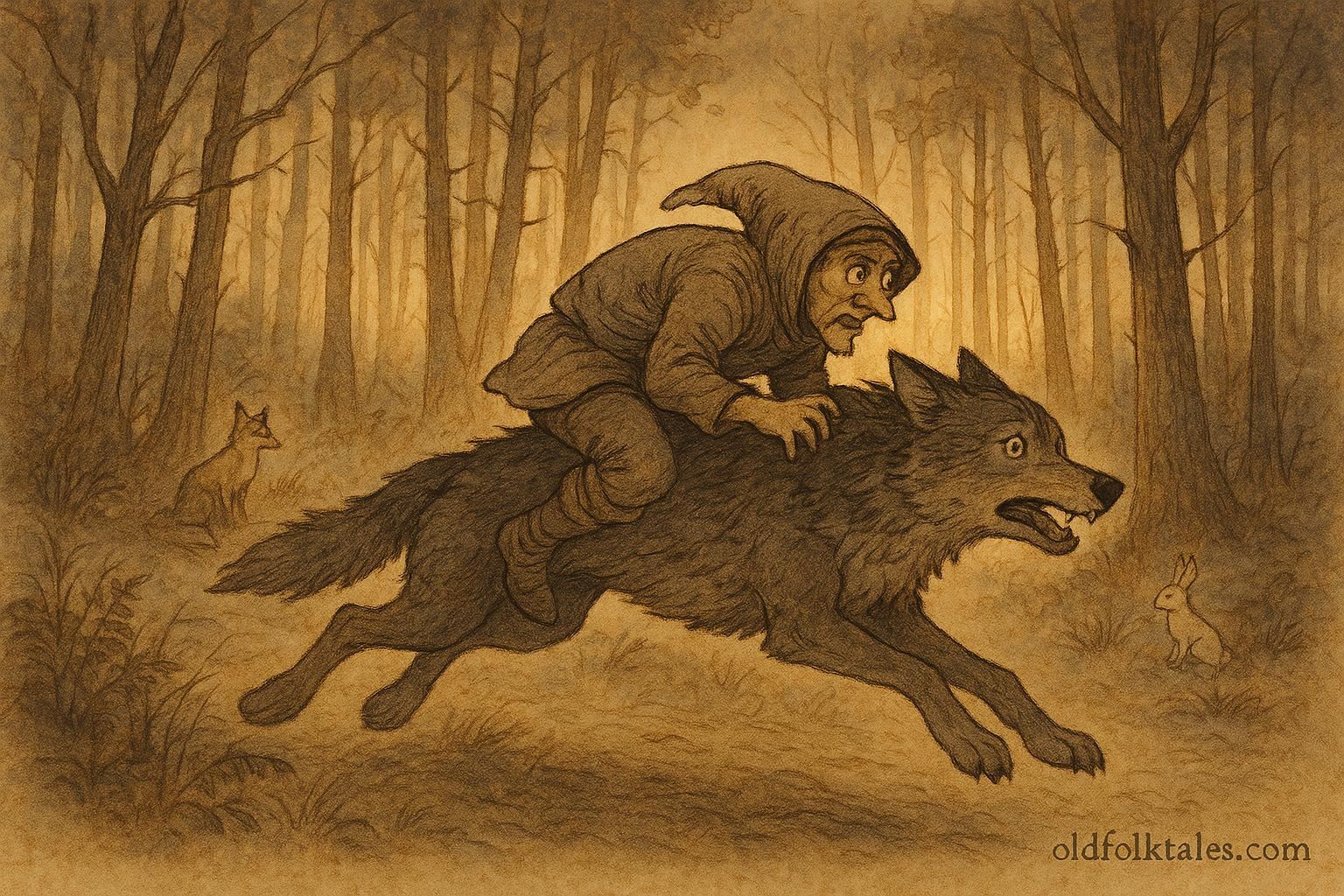 Parchment-style artwork of the wolf fleeing from Drip-Drip in a Bulgarian forest scene.