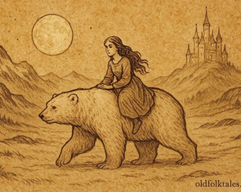 Parchment-style artwork of the white bear carrying the Norwegian maiden under moonlight, from the folktale East of the Sun and West of the Moon.
