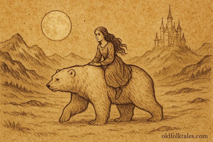 Parchment-style artwork of the white bear carrying the Norwegian maiden under moonlight, from the folktale East of the Sun and West of the Moon.