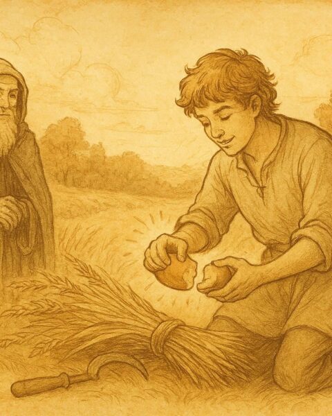 An artwork of the clever youth breaking a magical loaf in Belarusian folktale.