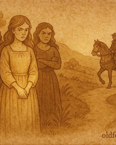 Parchment-style artwork of Trembling before her jealous sisters, Irish folktale of virtue and envy.