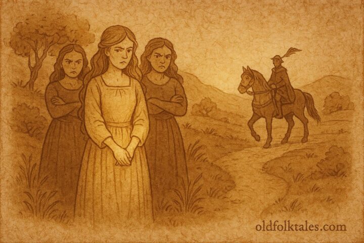 Parchment-style artwork of Trembling before her jealous sisters, Irish folktale of virtue and envy.