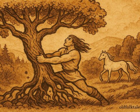 An artwork of Fehérlófia uprooting the oak, Hungarian folktale scene