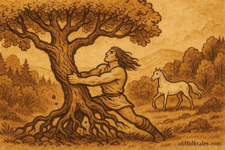 An artwork of Fehérlófia uprooting the oak, Hungarian folktale scene