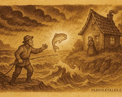 An illustration of Plunk calling the magic fish at sea, Croatian folktale scene.