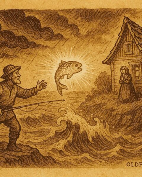 An illustration of Plunk calling the magic fish at sea, Croatian folktale scene.