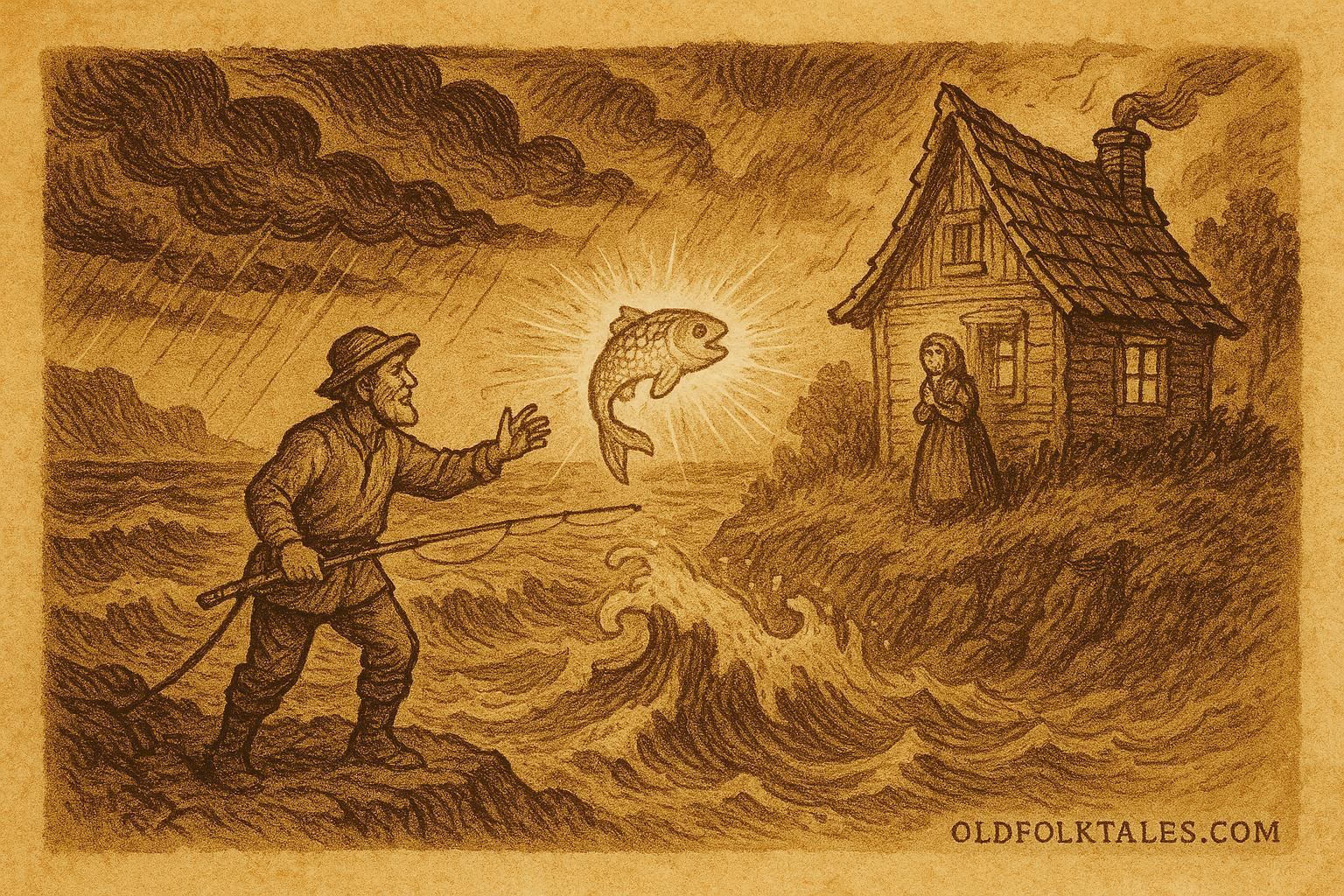 An illustration of Plunk calling the magic fish at sea, Croatian folktale scene.