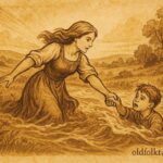 An illustration of Ilona saving a boy in a Hungarian meadow, Hungarian folktale scene
