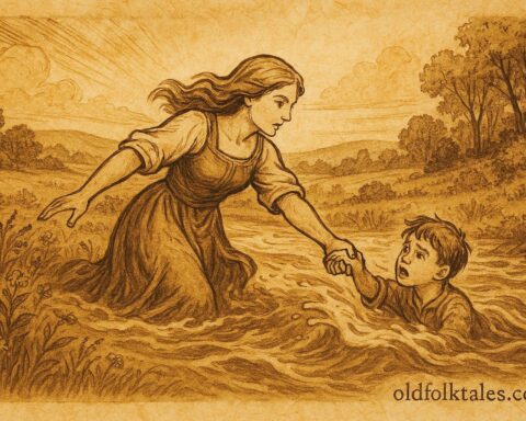 An illustration of Ilona saving a boy in a Hungarian meadow, Hungarian folktale scene