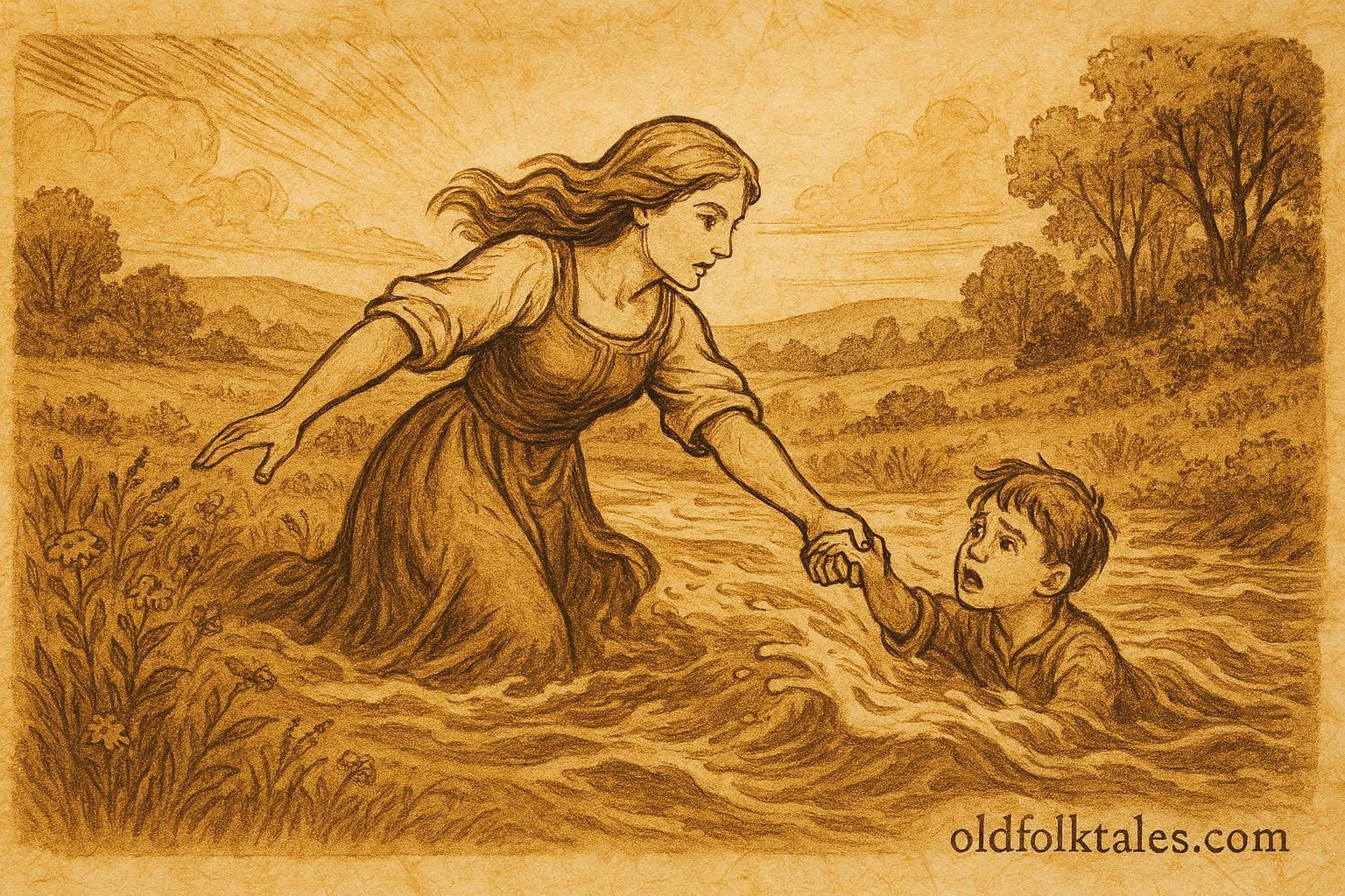 An illustration of Ilona saving a boy in a Hungarian meadow, Hungarian folktale scene