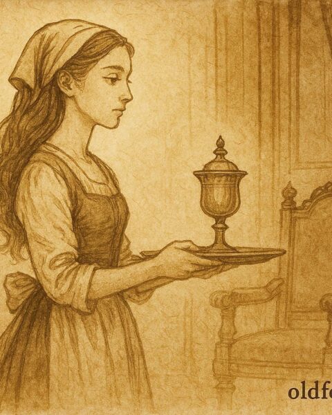 Parchment-style illustration of a disguised princess serving in a French noble household.