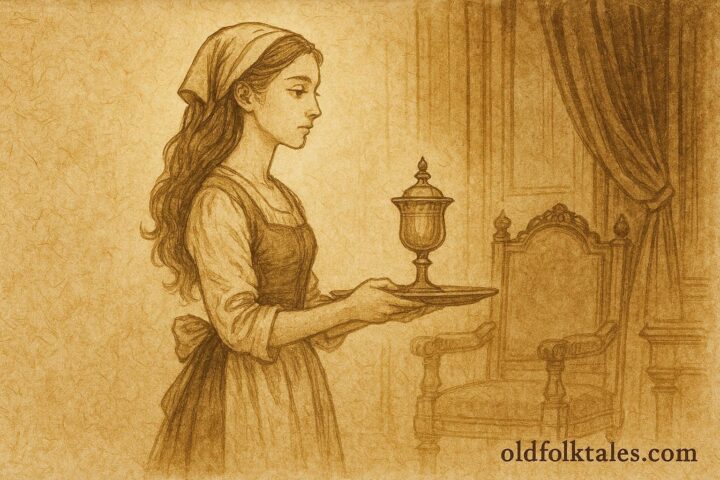 Parchment-style illustration of a disguised princess serving in a French noble household.