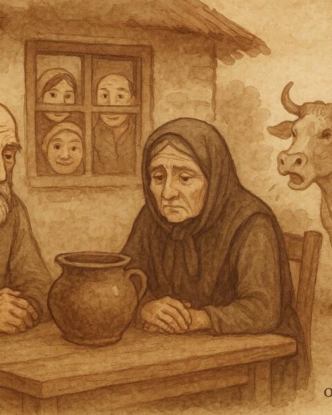A style artwork of an old Bulgarian couple silently sitting at a table with a dirty pot.