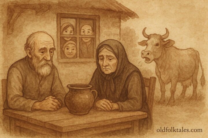 A style artwork of an old Bulgarian couple silently sitting at a table with a dirty pot.