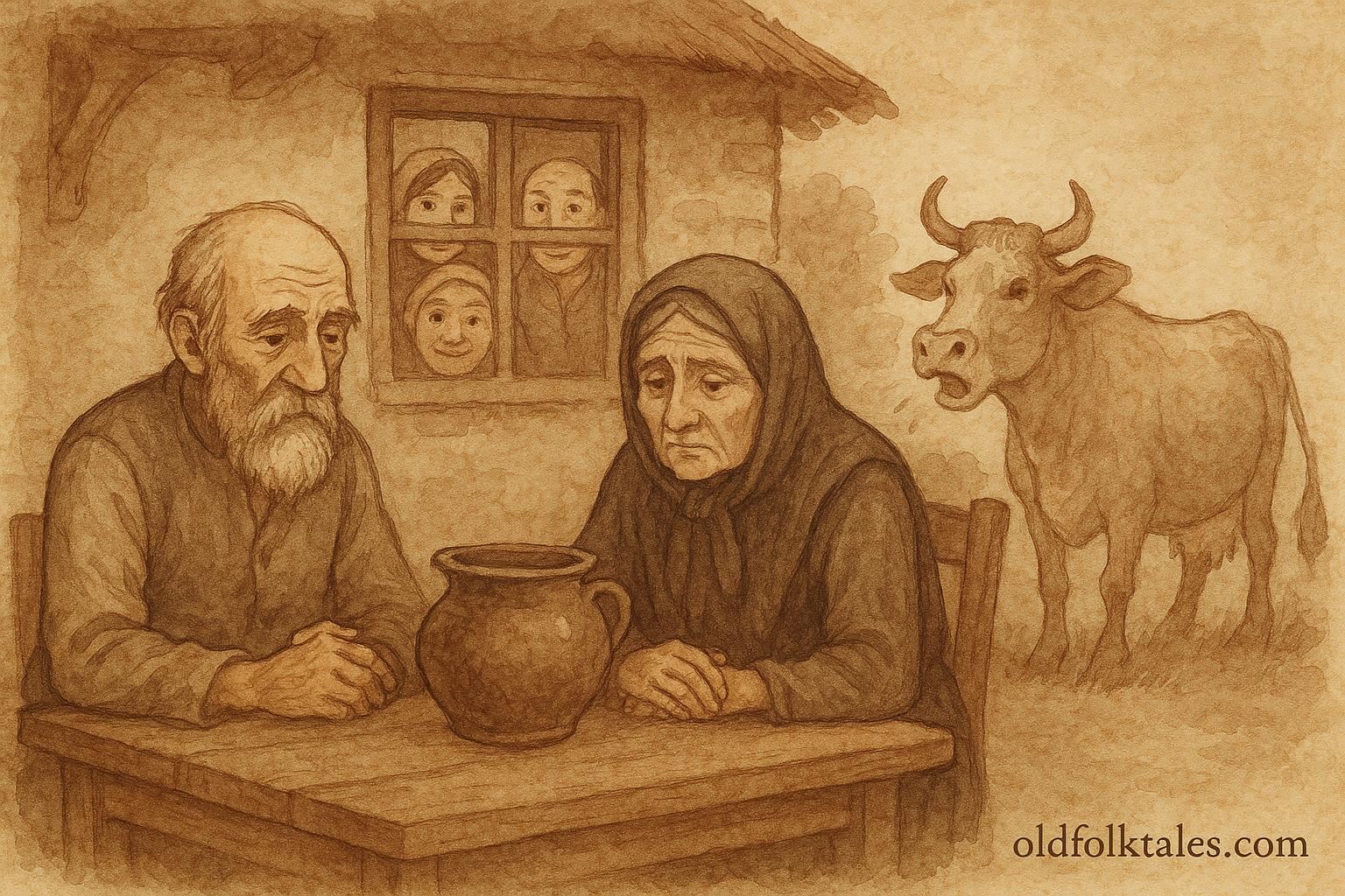 A style artwork of an old Bulgarian couple silently sitting at a table with a dirty pot.