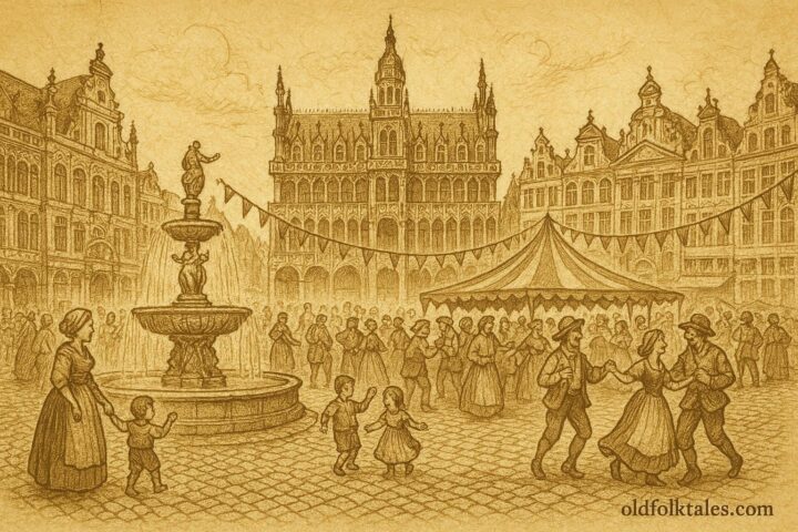 An illustration of a historic Brussels town square with fountains, Flemish buildings, and townspeople, Belgian folklore scene.