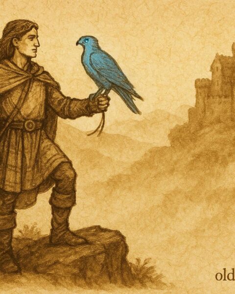 Parchment-style artwork of Ian Dìreach holding the Blue Falcon on a Scottish cliff.