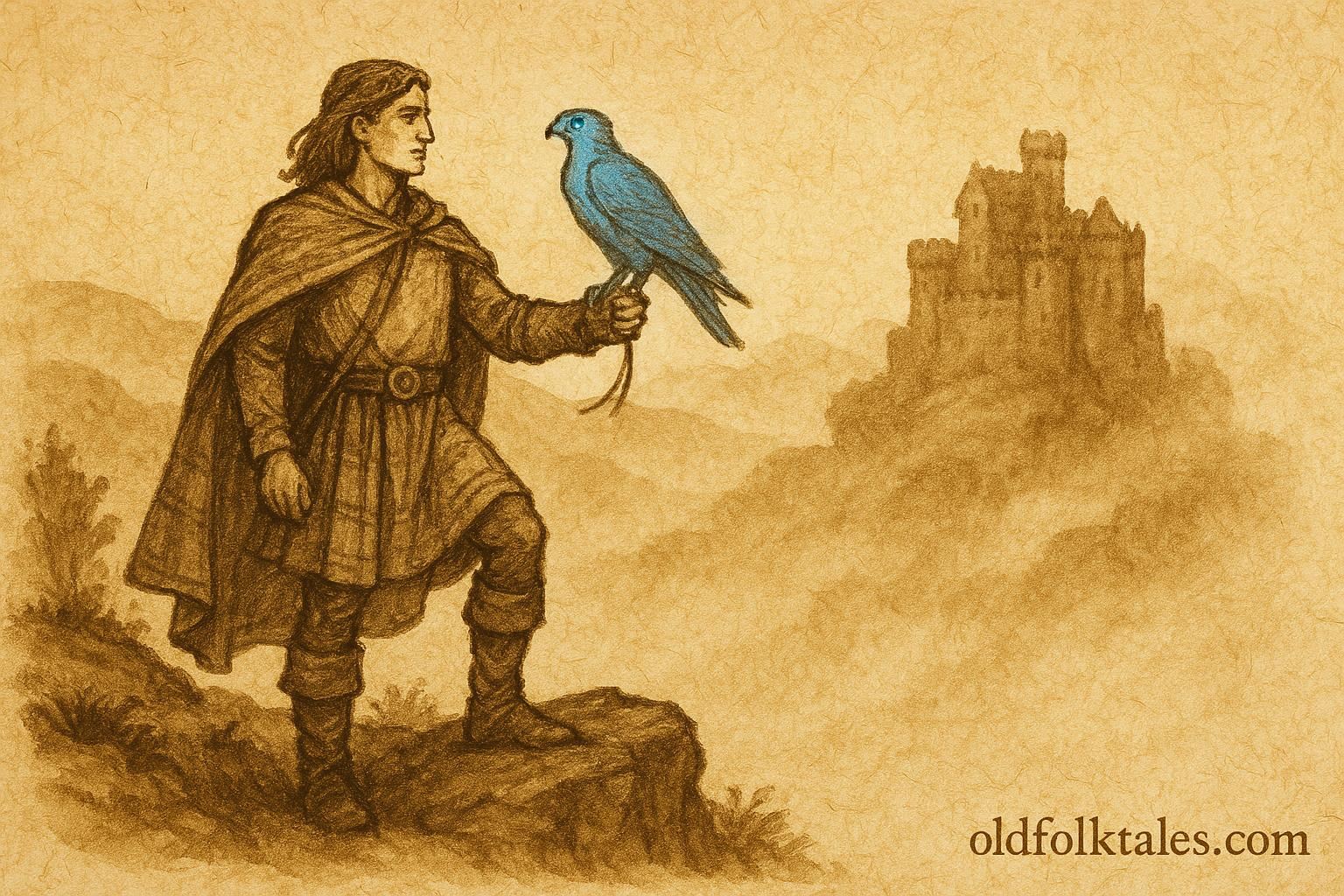 Parchment-style artwork of Ian Dìreach holding the Blue Falcon on a Scottish cliff.