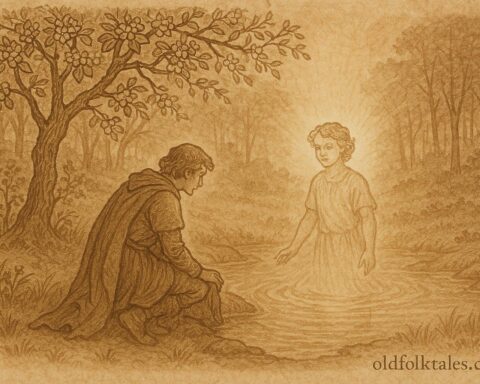 An artwork of Quest meeting the golden youth All-Rosy by a forest spring, Croatian folktale scene.