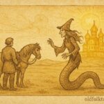 An illustration of Ivan facing the Witch on a serpent, with the Sun’s Sister’s palace shining in the distance, Ukrainian folktale scene.