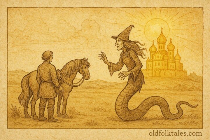 An illustration of Ivan facing the Witch on a serpent, with the Sun’s Sister’s palace shining in the distance, Ukrainian folktale scene.